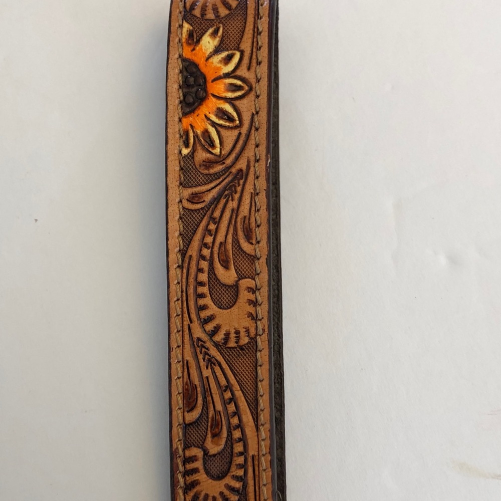 Tooled Leather Floral Keychain Wristlet  Wrist Lanyard - Brown & Orange NEW - Picture 6 of 6